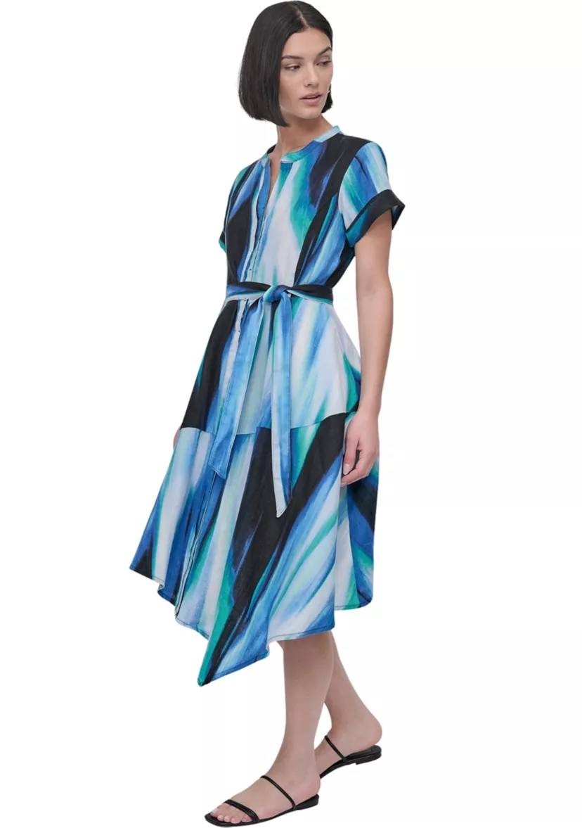 DKNY Brushstroke Printed Asymmetrical Linen Dress Caribbean Multi 4 NWT $159