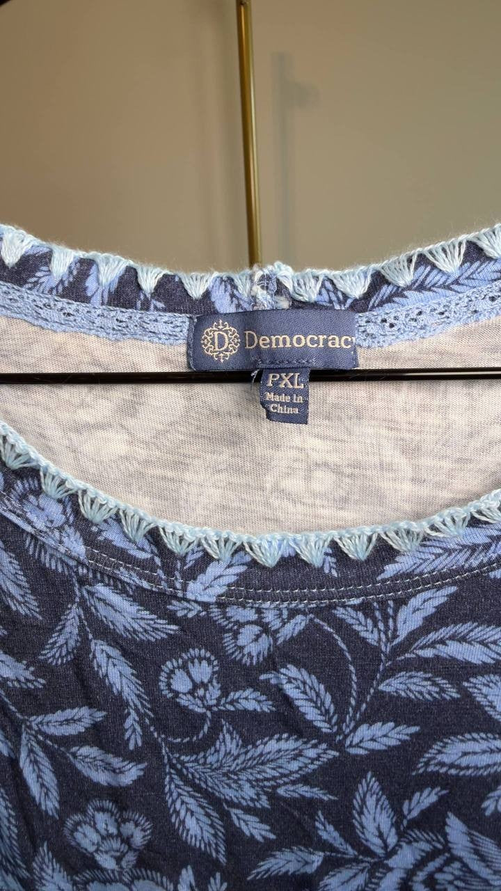 Democracy Printed Cap‑Sleeve Top Provence Blue PXL NWOT $48
