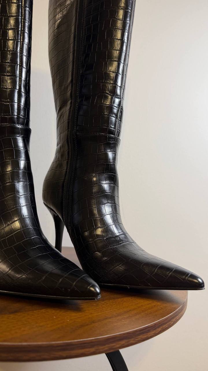 Guess Gressa Boots 7.5M Black Man‑Made Tall Pointed Toe Stiletto NIB msrp$179