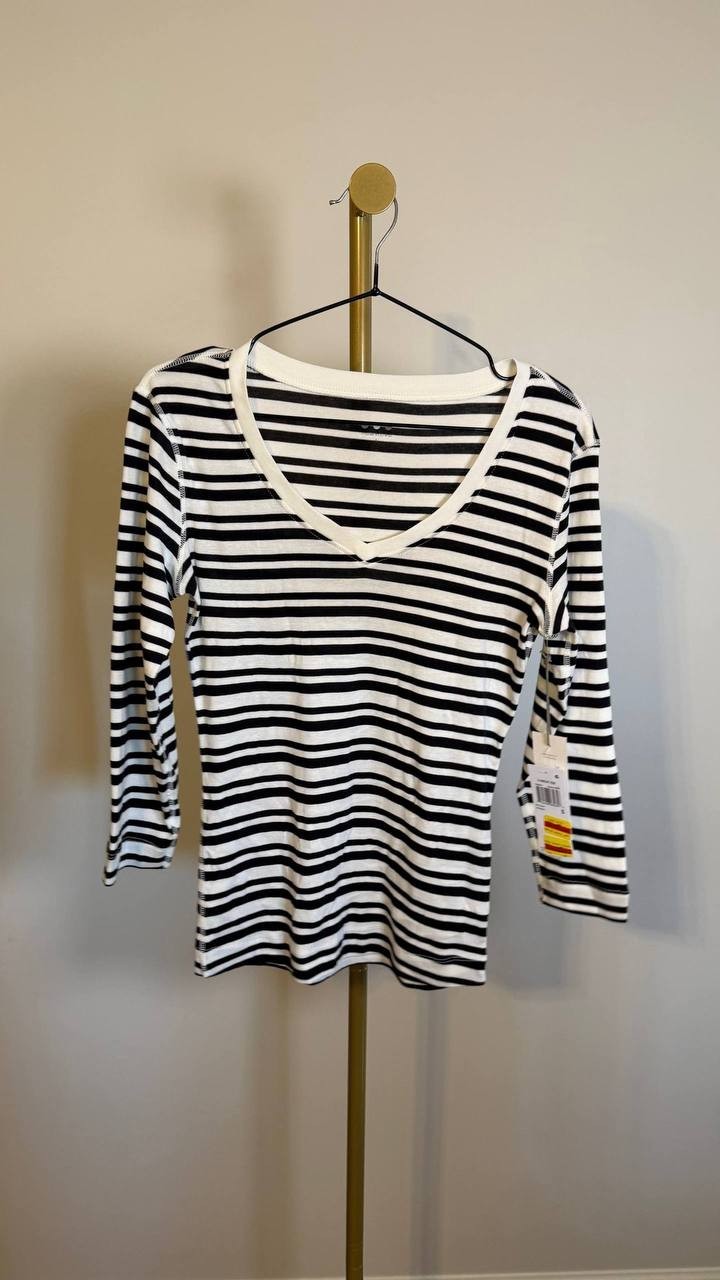 Three Dots Women’s 3/4 Sleeve V‑Neck Tee Black Beauty Stripes S $46 NWT