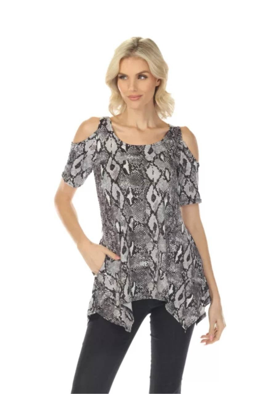 White Mark Cold Shoulder Snake Print Swing Top Gray XL NWOT $72