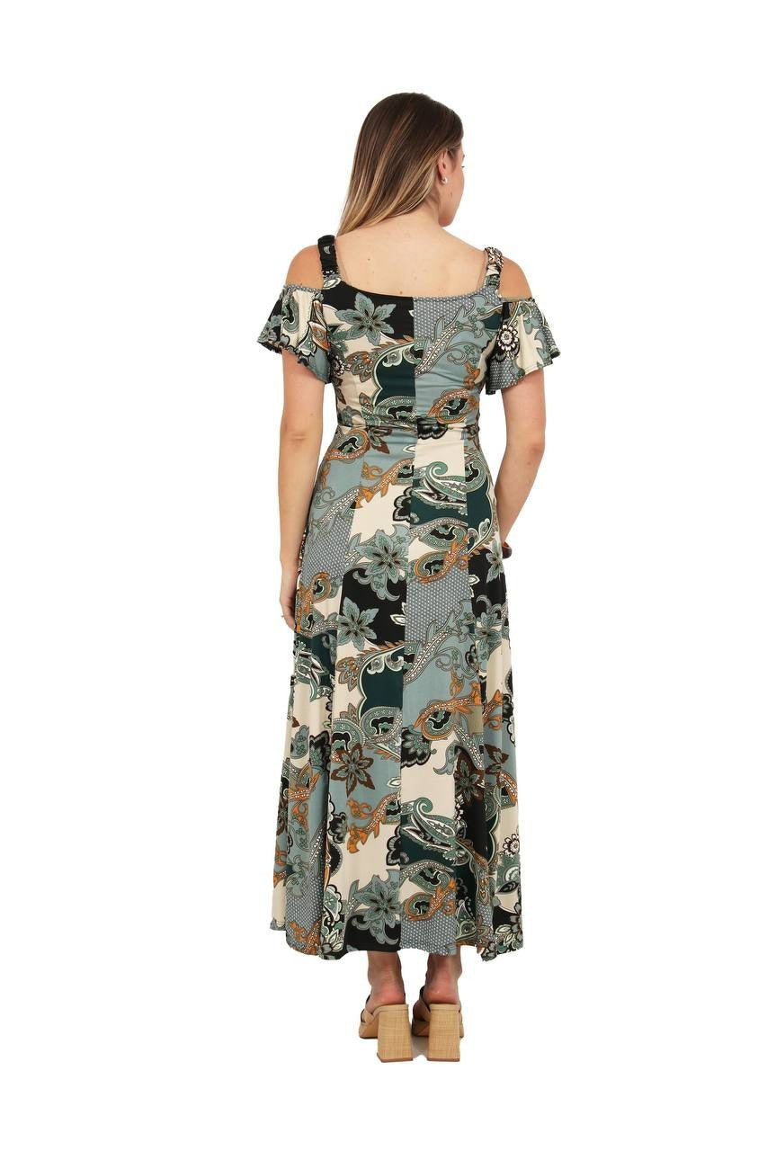24Seven Comfort Apparel Cold Shoulder Maxi Dress Paisley Print L NWT $73