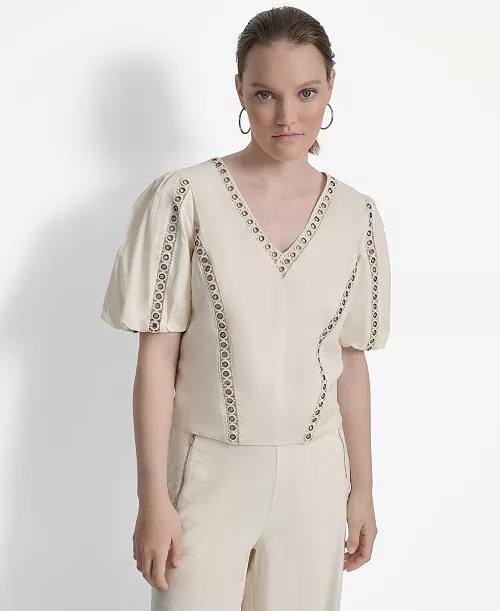DKNY Top L Beige Cotton Grommet Puff Sleeve V-Neck Lattice Trim Modern