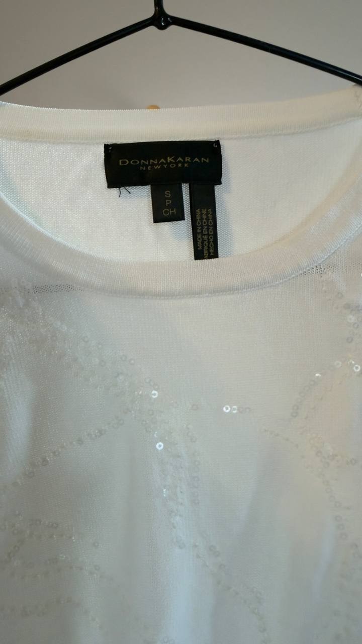 Donna Karan NY Short-Sleeve Sequin Detail Sweater White S NWOT $99