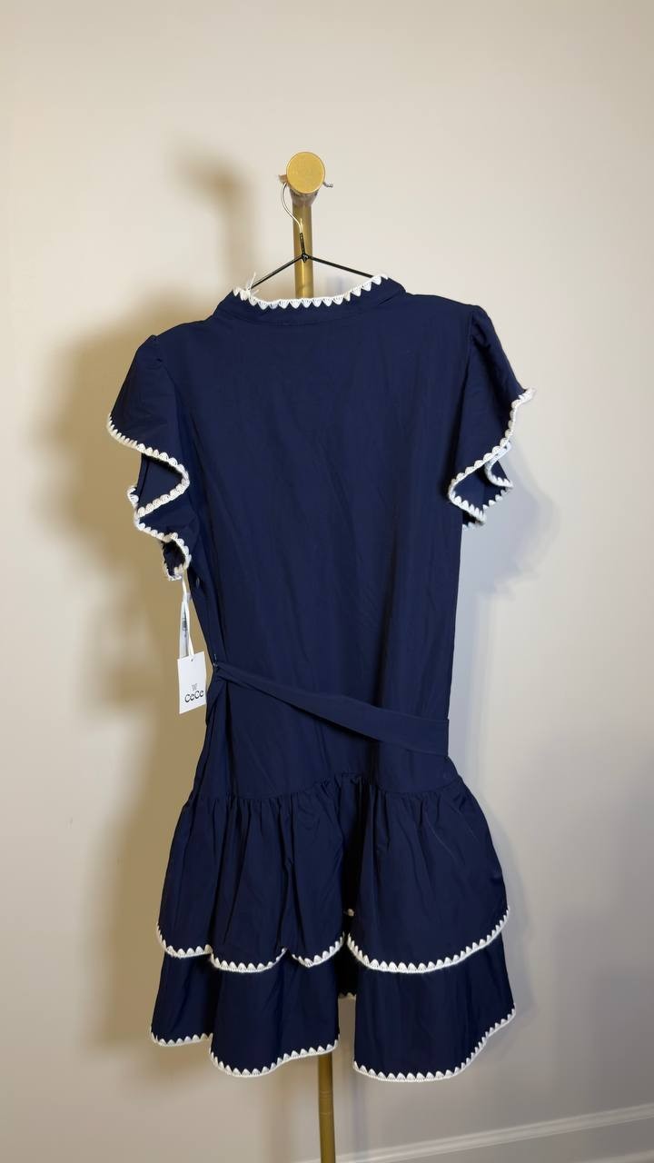 CeCe V‑Neck Ruffle Sleeve Tiered Mini Dress Classic Navy 10 NWT $139