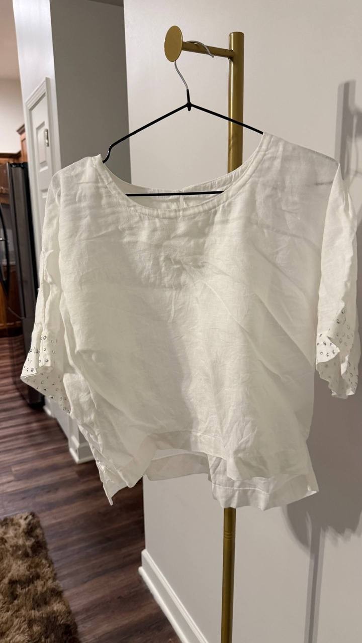 DKNY Pure White Linen Blend Top M Excellent Pre-Owned Casual Short Sleeve