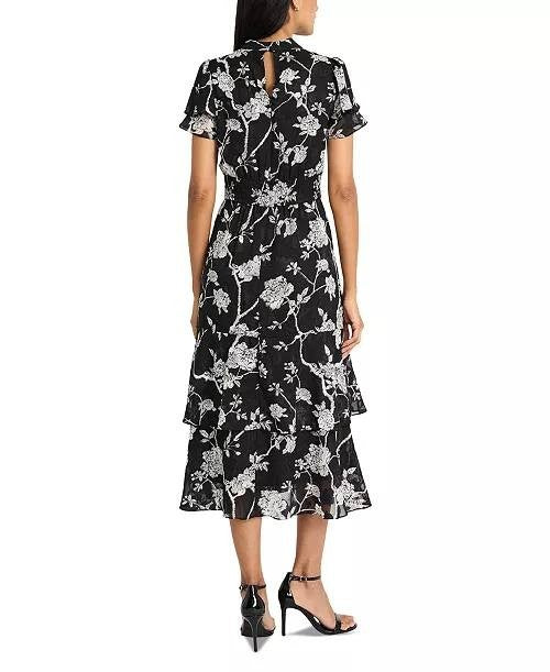 Maggy London Floral Jacquard Tiered Fit & Flare Dress White/Black 2 NWT $158