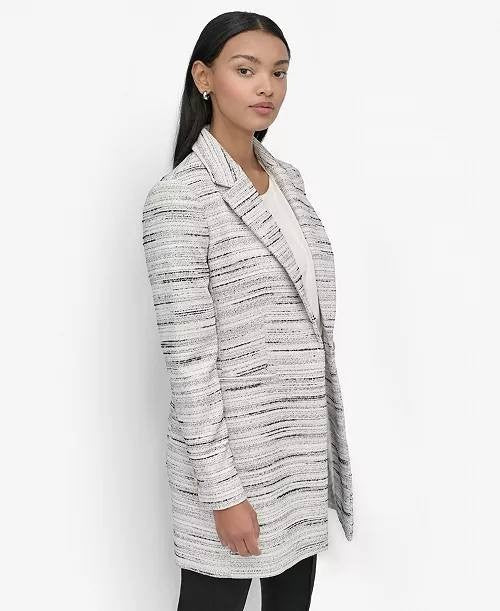 DKNY Women’s White Tweed Notch-Collar One-Button Long Blazer Size 6P NWT $179