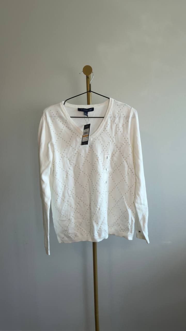 Tommy Hilfiger Rhinestone Argyle V‑Neck Sweater Ivory S NWT $69.60