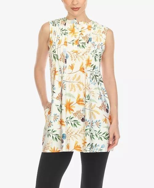 White Mark Floral Sleeveless Tunic Top Pin‑Tuck Pleated White XL NWT $52