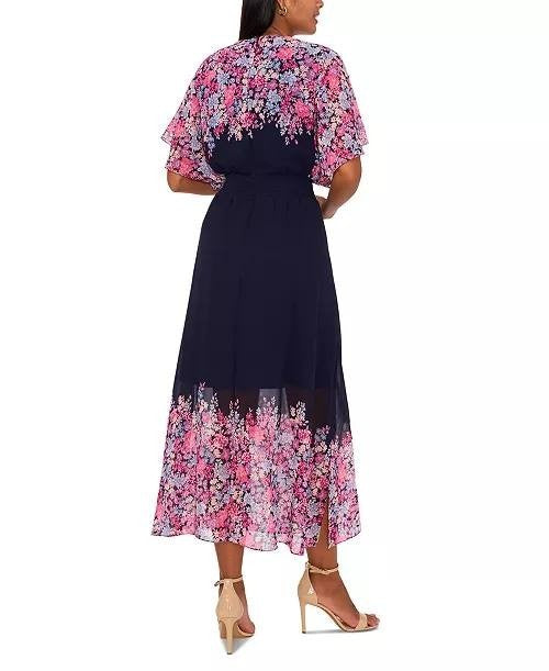 MSK Printed V-Neck Flutter-Sleeve Smocked-Waist Dress JBS Navy S NWOT $89