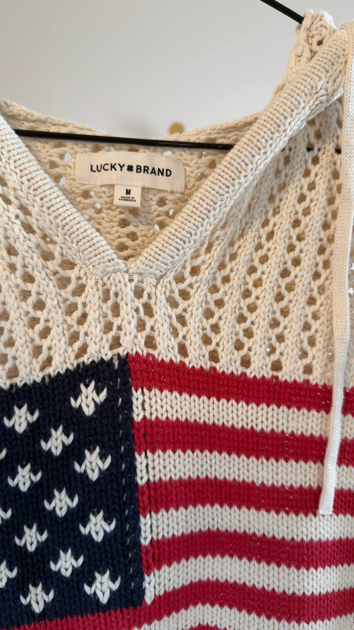 Lucky Brand Americana Flag Cotton Hooded Sweater Whitecap Gray M NWT $129