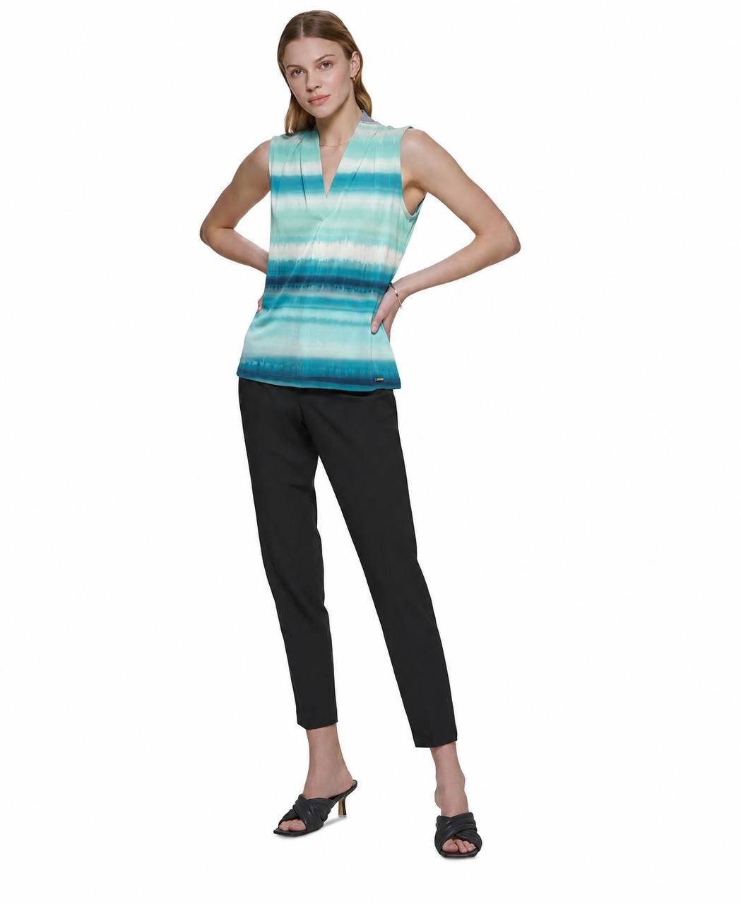 Calvin Klein Gathered V‑Neck Sleeveless Top White/Blue L NWOT $49