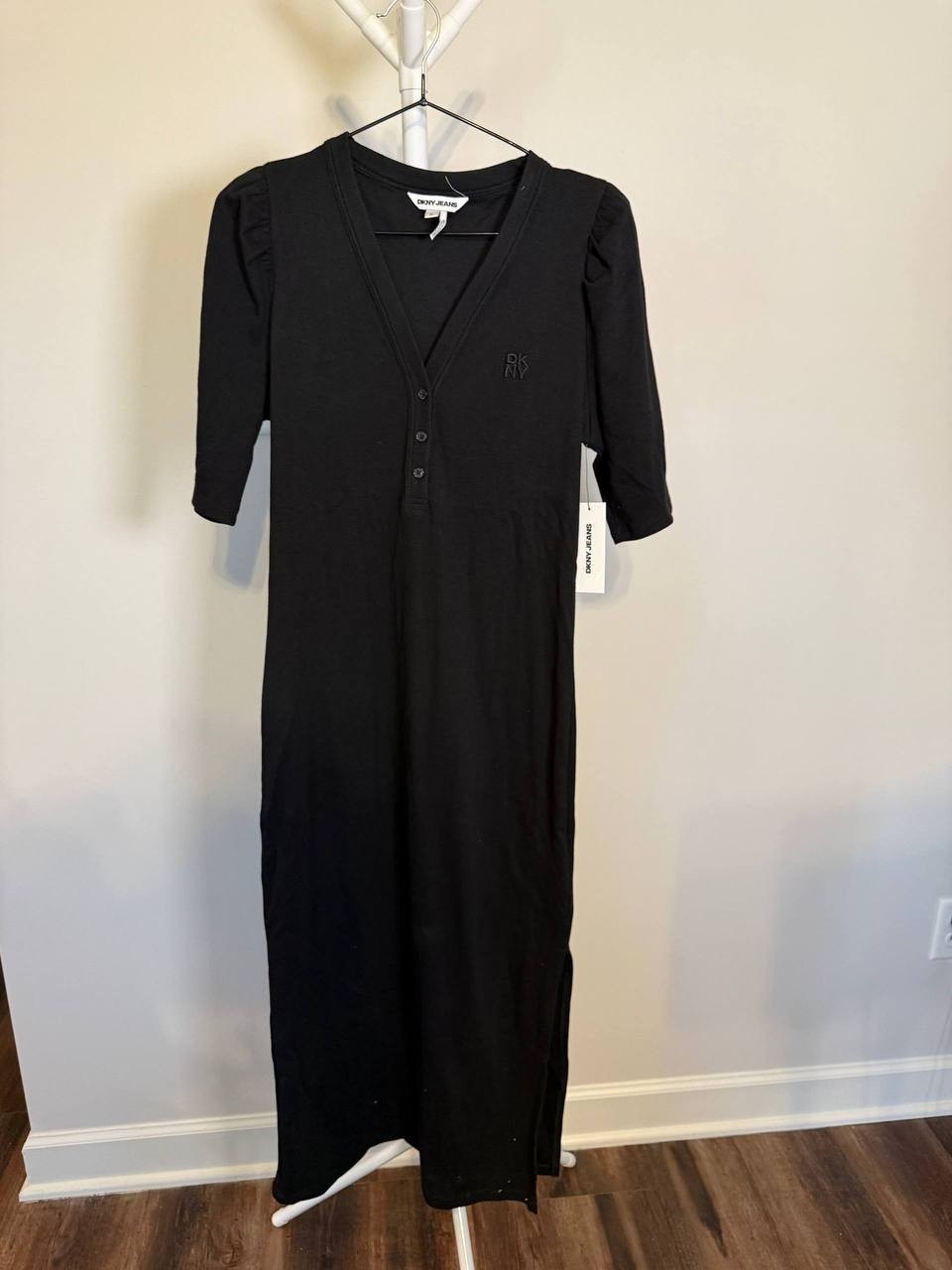 DKNY Puff‑Sleeve Henley Midi Dress- Black – Size XL – NWT – MSRP$79