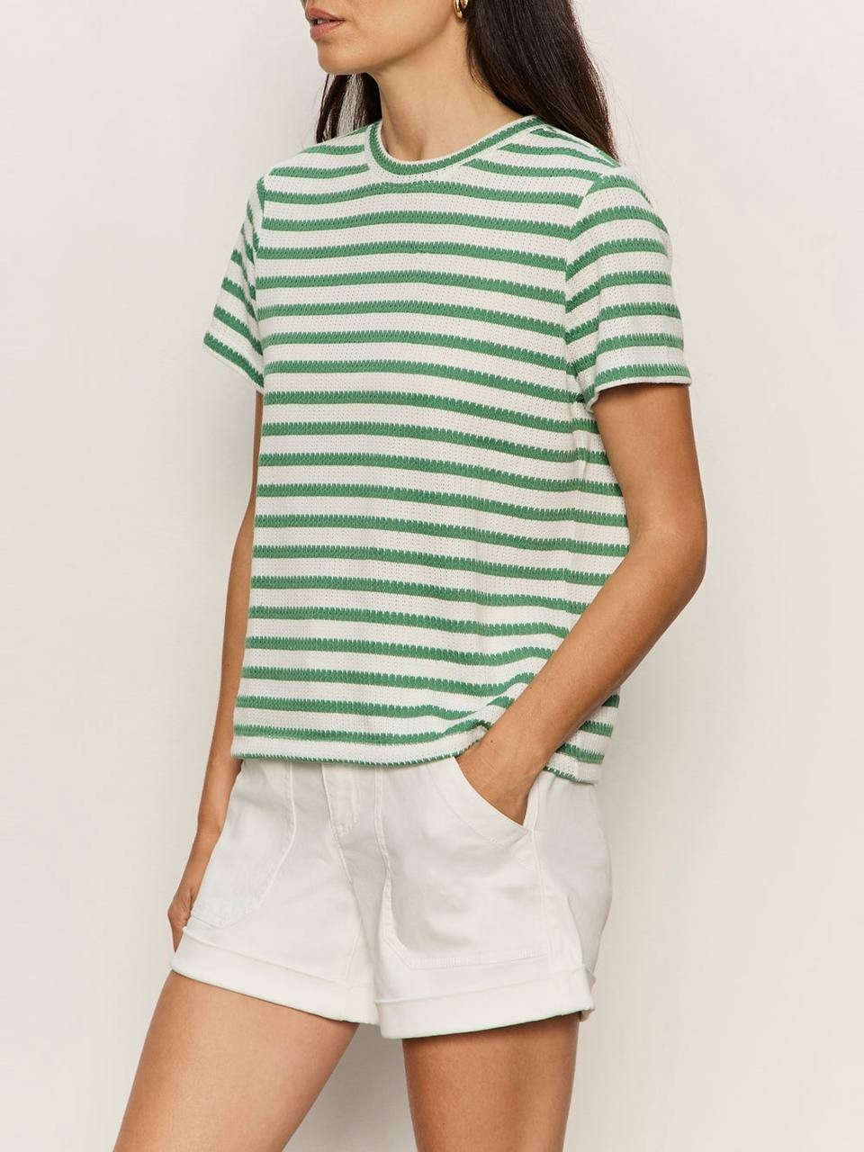 Sanctuary Perfect Texture Tee Chalk/Green Juice Stripe S NWT $59