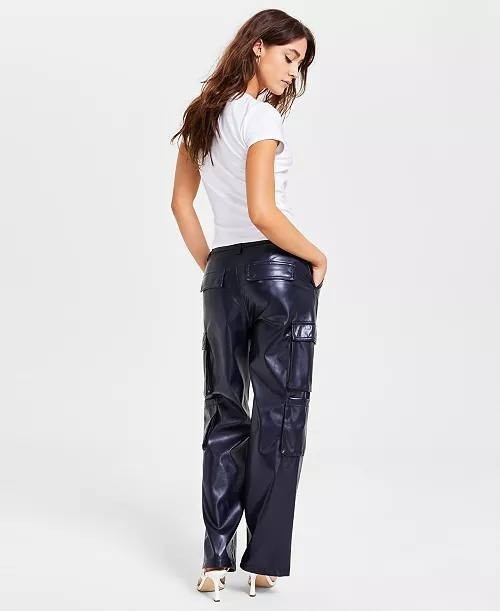 Guess Kori High‑Rise Faux‑Leather Cargo Pants Daring Ocean XL NWT $148