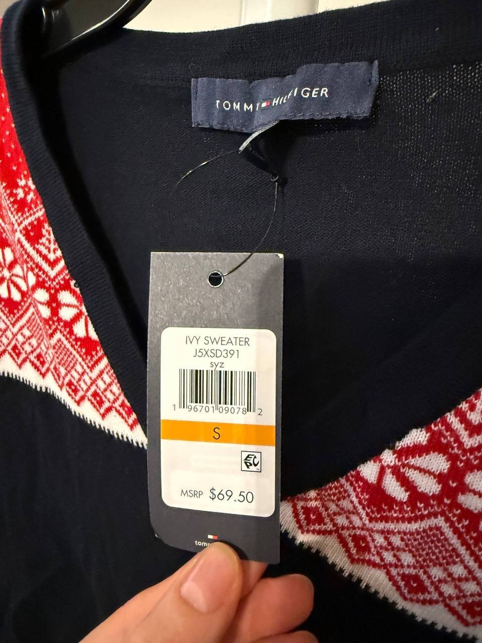 Tommy Hilfiger Cotton V‑Neck Fair Isle Sweater –Black– Size S – NWT – $69.50