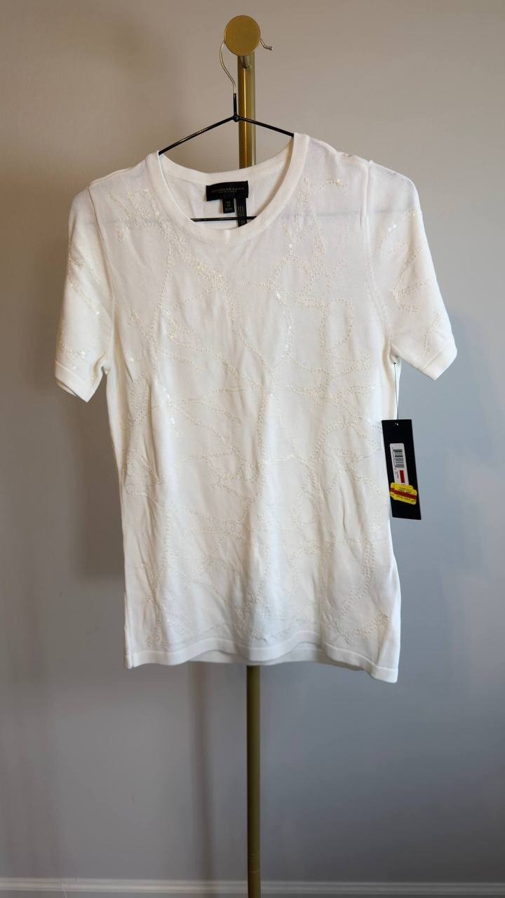 Donna Karan NY Sequin Embellished Short Sleeve Sweater Cream XS NWT $99