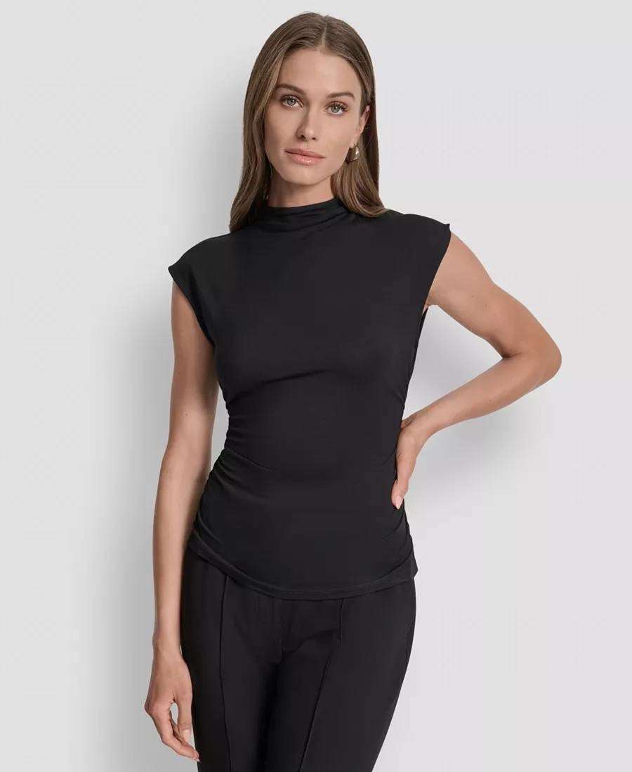 DKNY Mock‑Neck Sleeveless Side‑Ruched Top – PXL – Black – NWT – $49