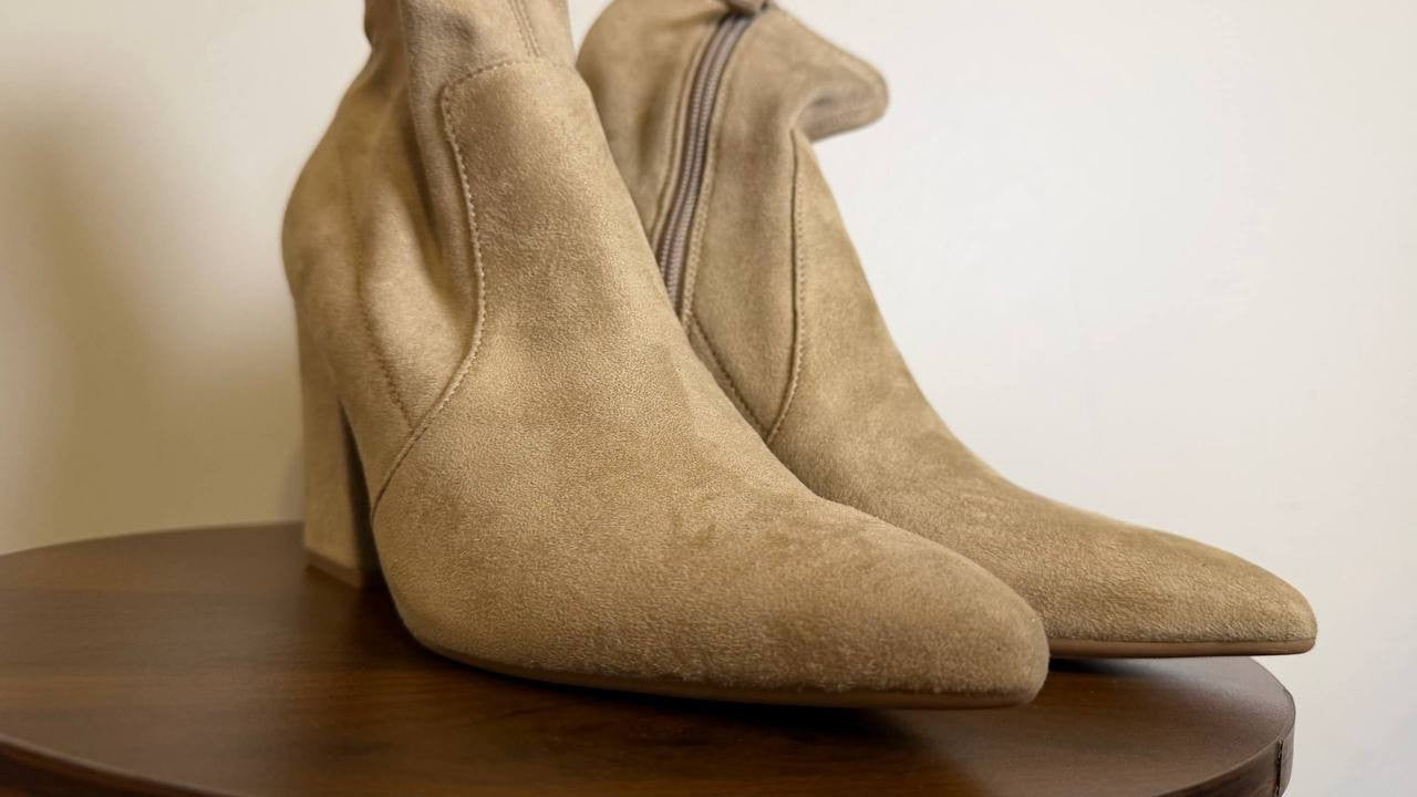 On•34th True Taupe Fabric Block Heel Booties 8M New in Box MSRP $99.90