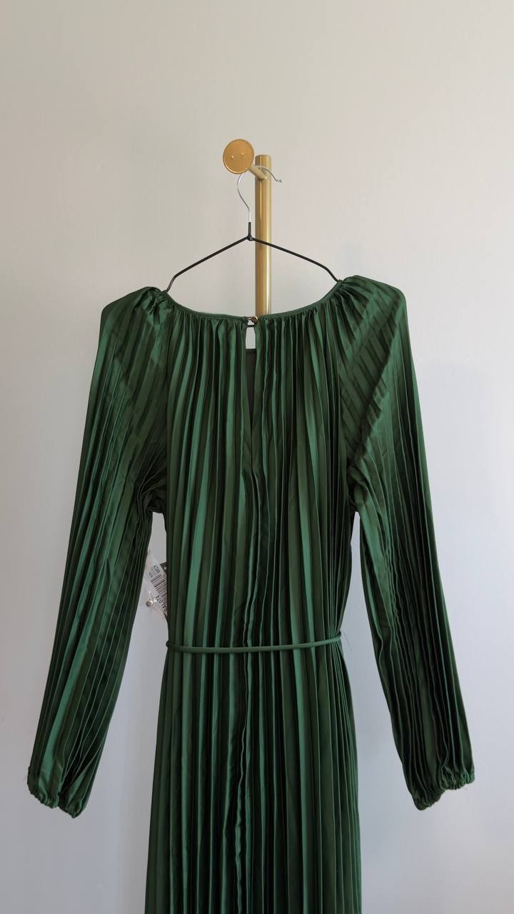 Julia Jordan Pleated Long Sleeve Waist Tie Maxi Dress Green 12 NWT $149