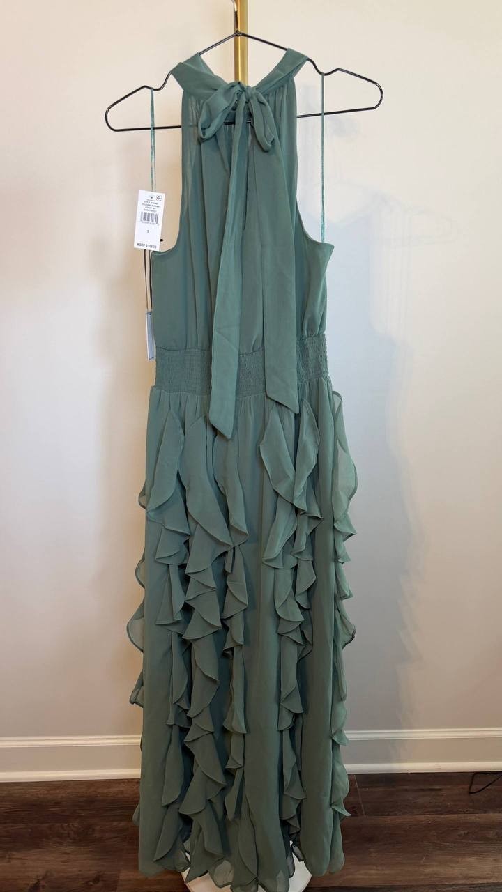 1.STATE Dark Forest Halter Neck Ruffle Maxi Dress Size S NWT Damaged Fabric