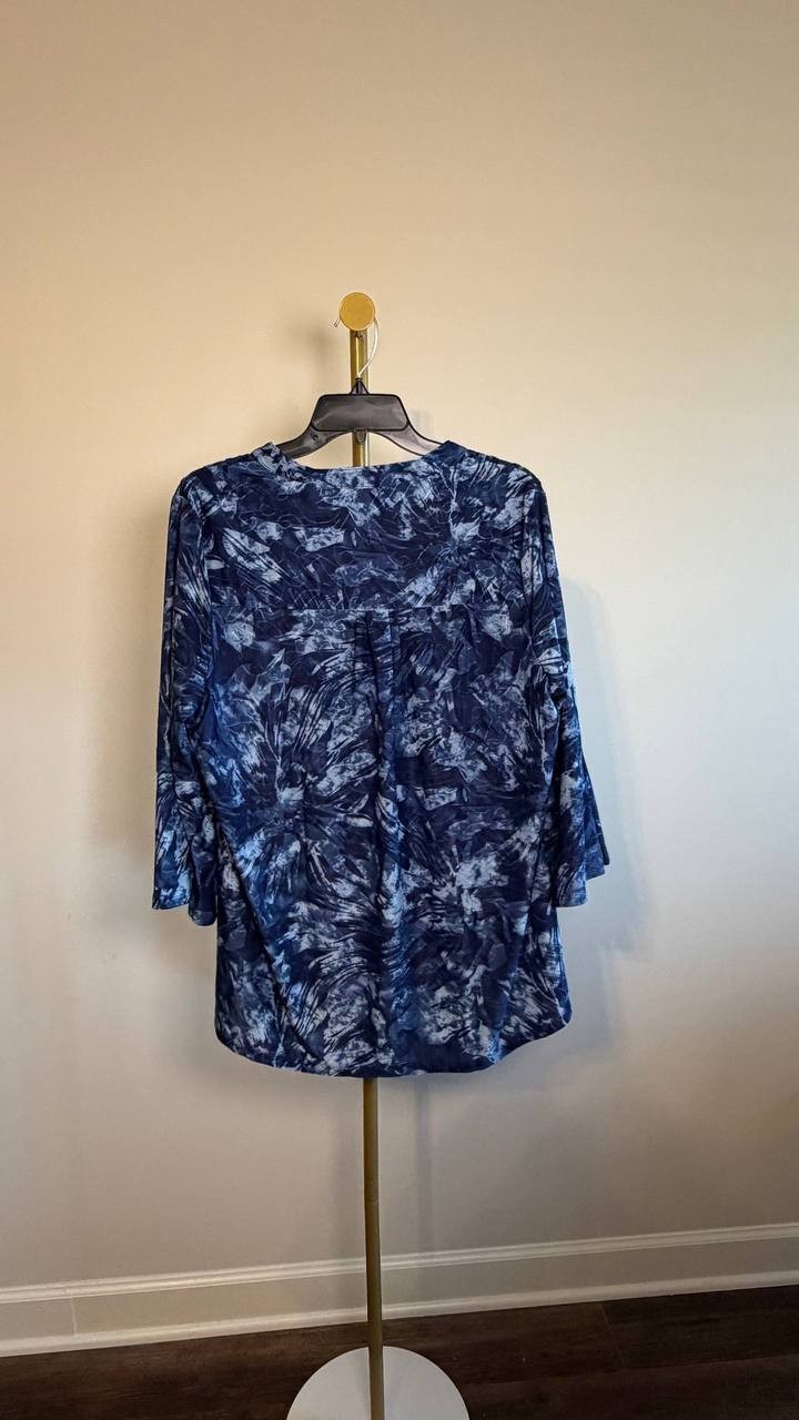 NY Collection Plus 3/4 Bell Sleeve Pleat Y‑Neck Top Blue Flower 1X NWT $35.99
