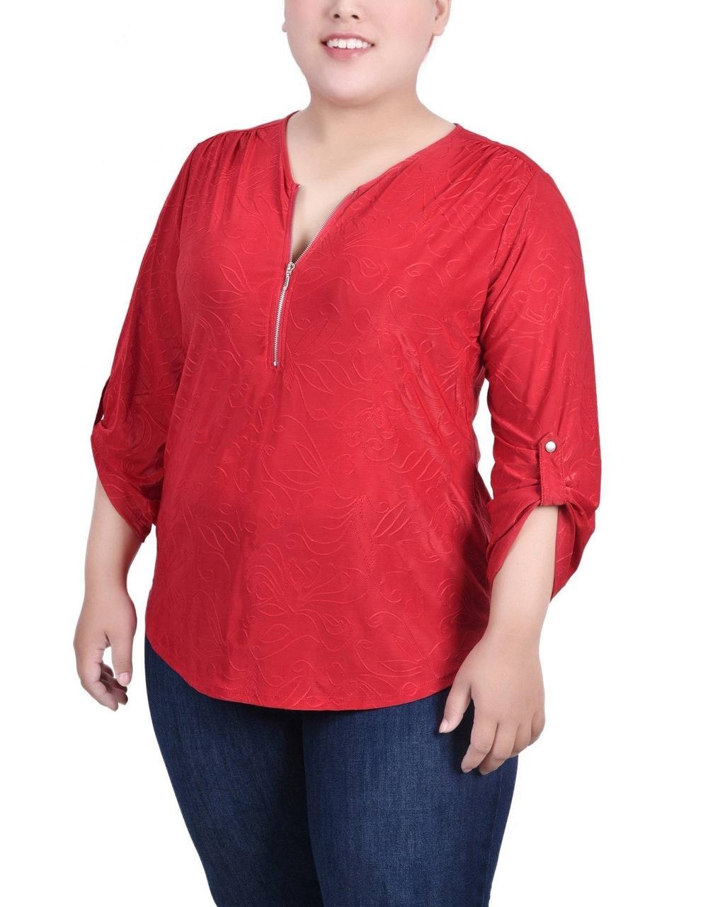 NY Collection Women’s 3/4 Roll Tab Zip Front Top Red 2X $44 NWT