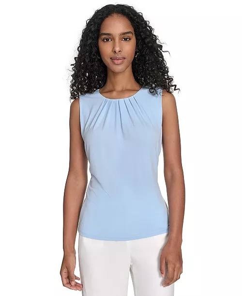 Calvin Klein Top S Light Blue Pleated Neck Sleeveless Career Blouse Workwear NWT
