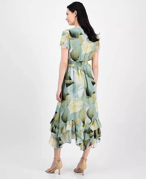 Anne Klein Floral Smocked-Waist Midi Dress – Green Multi, Size 8