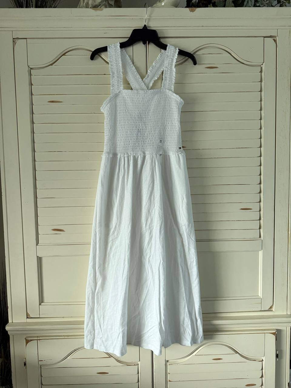 Tommy Hilfiger Dress M White Solid Smocked Bodice Sleeveless Midi Cotton NWT
