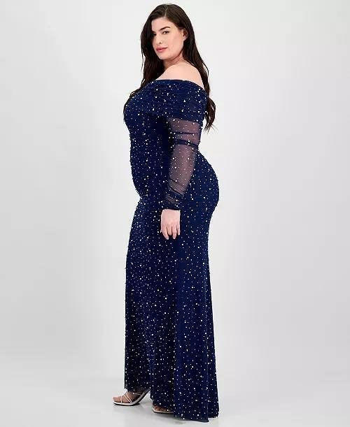 B Darlin Plus Off‑Shoulder Pearl Gown Navy 16W NWT $119