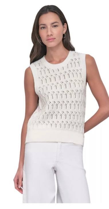 DKNY Jeans Sleeveless Lacey Stitch Crew Neck Vest – Ivory – Size S – NWT