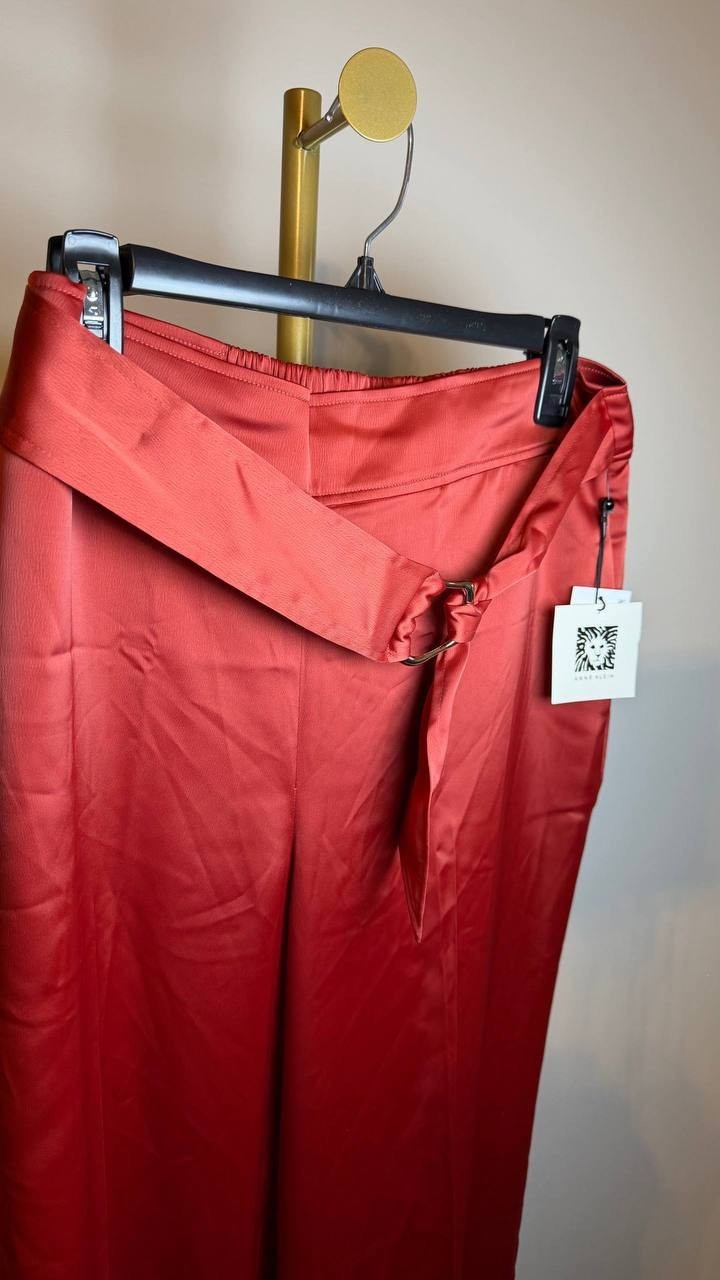 Anne Klein Pull-On High Rise Belted Wide Leg Satin Pants Red L NWT $99