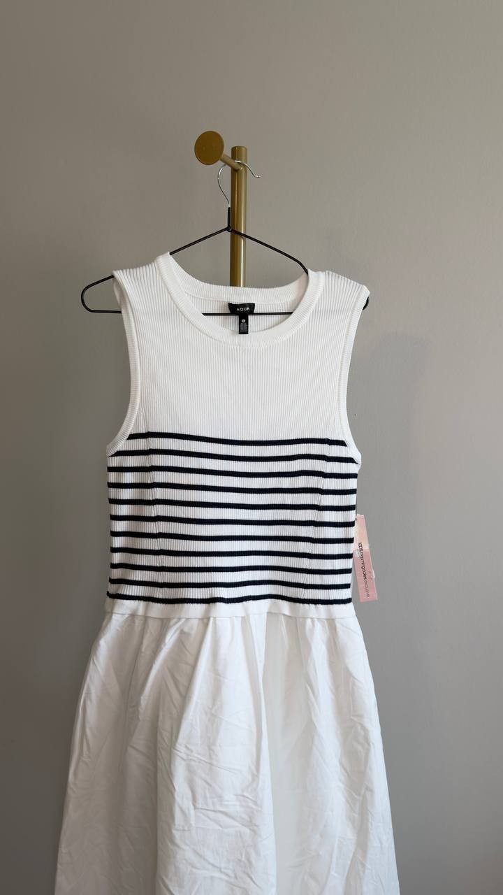 AQUA Mixed Media Maxi Dress White Navy L NWT $98