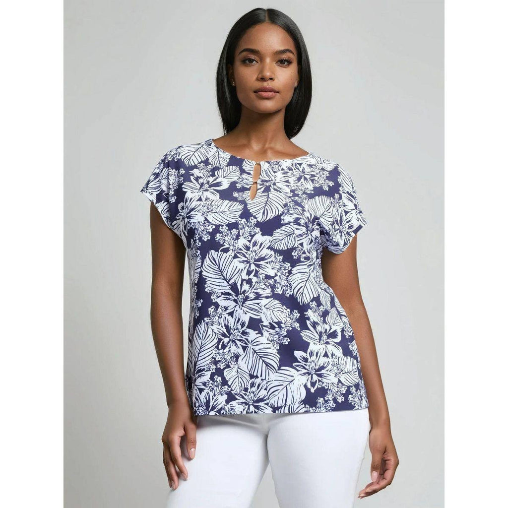Jones New York Navy Floral Extended-Shoulder Pullover Top Petite PL NWT