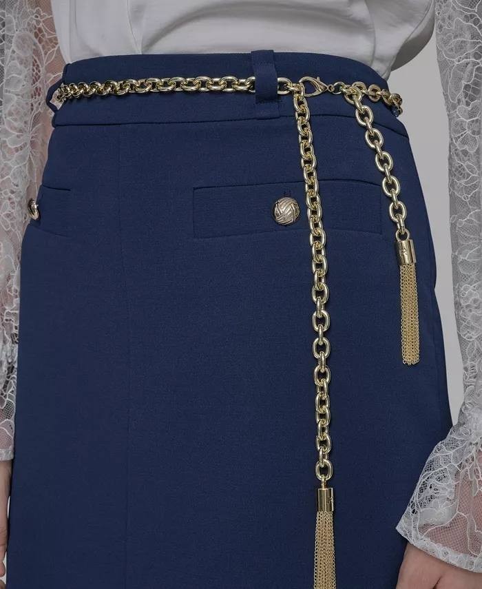 Karl Lagerfeld Paris Chain‑Belt Front‑Slit Pencil Skirt Navy 2 NWT $109