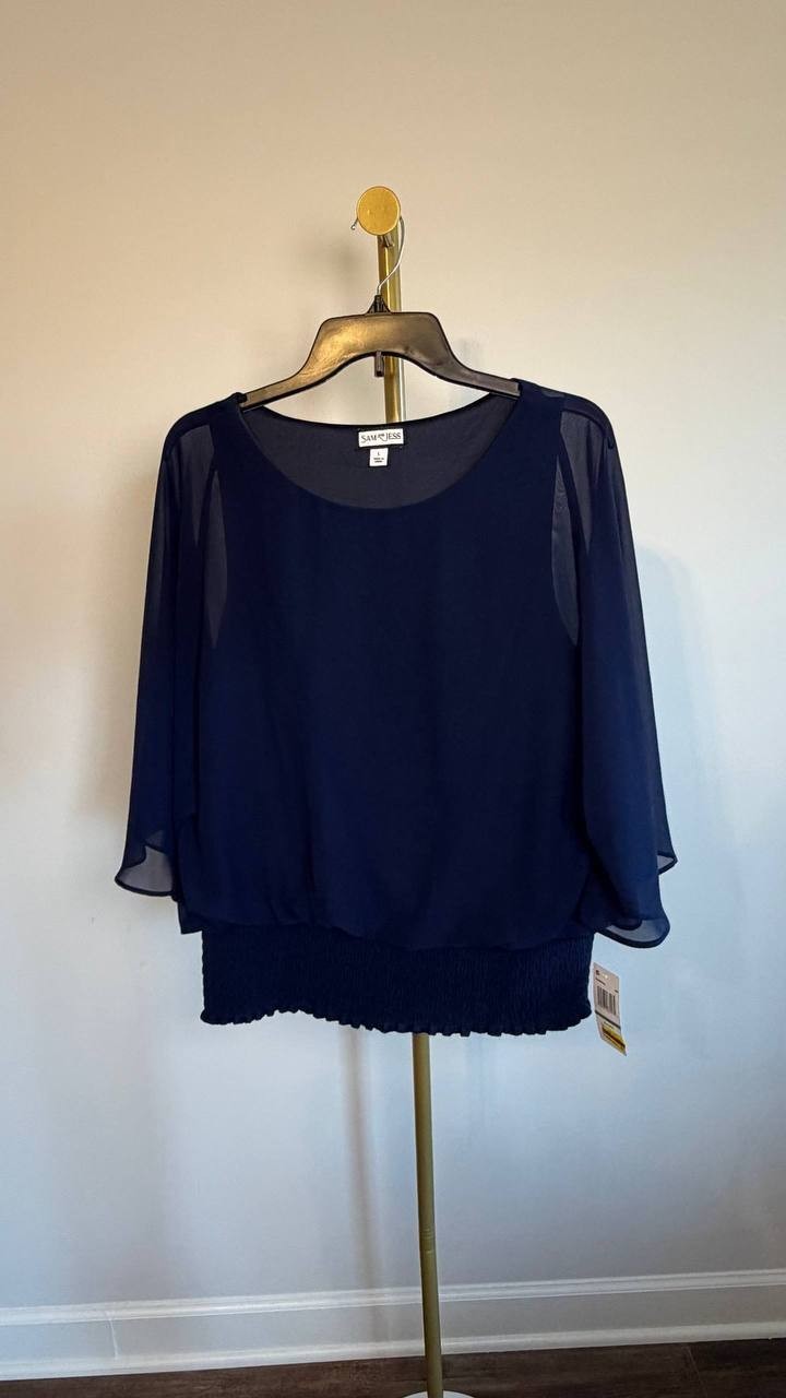 Sam & Jess Smocked‑Waist 3/4 Kimono Sleeve Top Navy L NWT $69