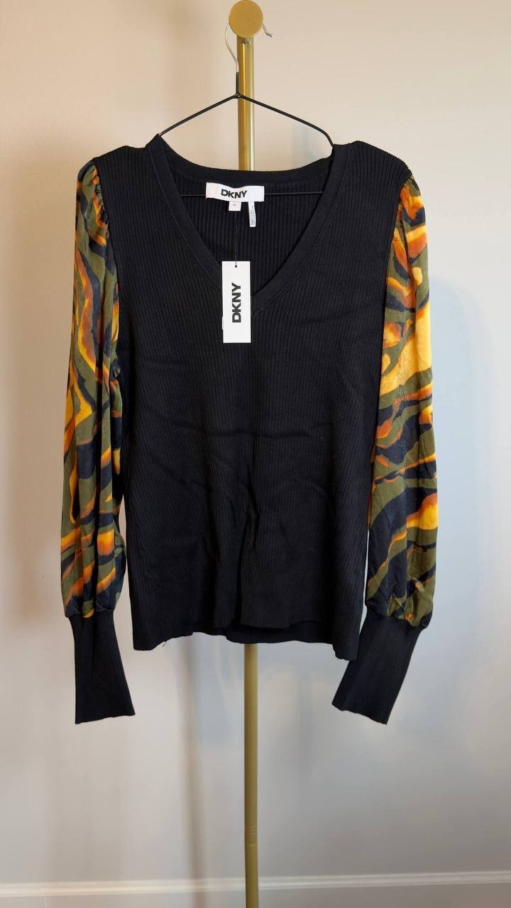 DKNY Rib Puff Shoulder Sweater Black Urban Tiger XL NWT $89