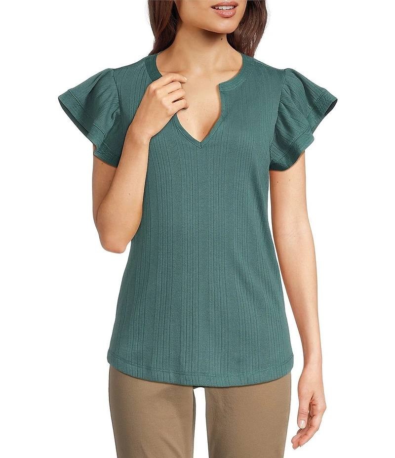 Democracy Petite PS Green Split V-Neck Cap Sleeve Knit Top NWT MSRP $48