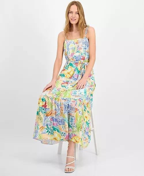 Julia Jordan Straight‑Neck Sleeveless Printed Dress Ivory Multi L NWT $129