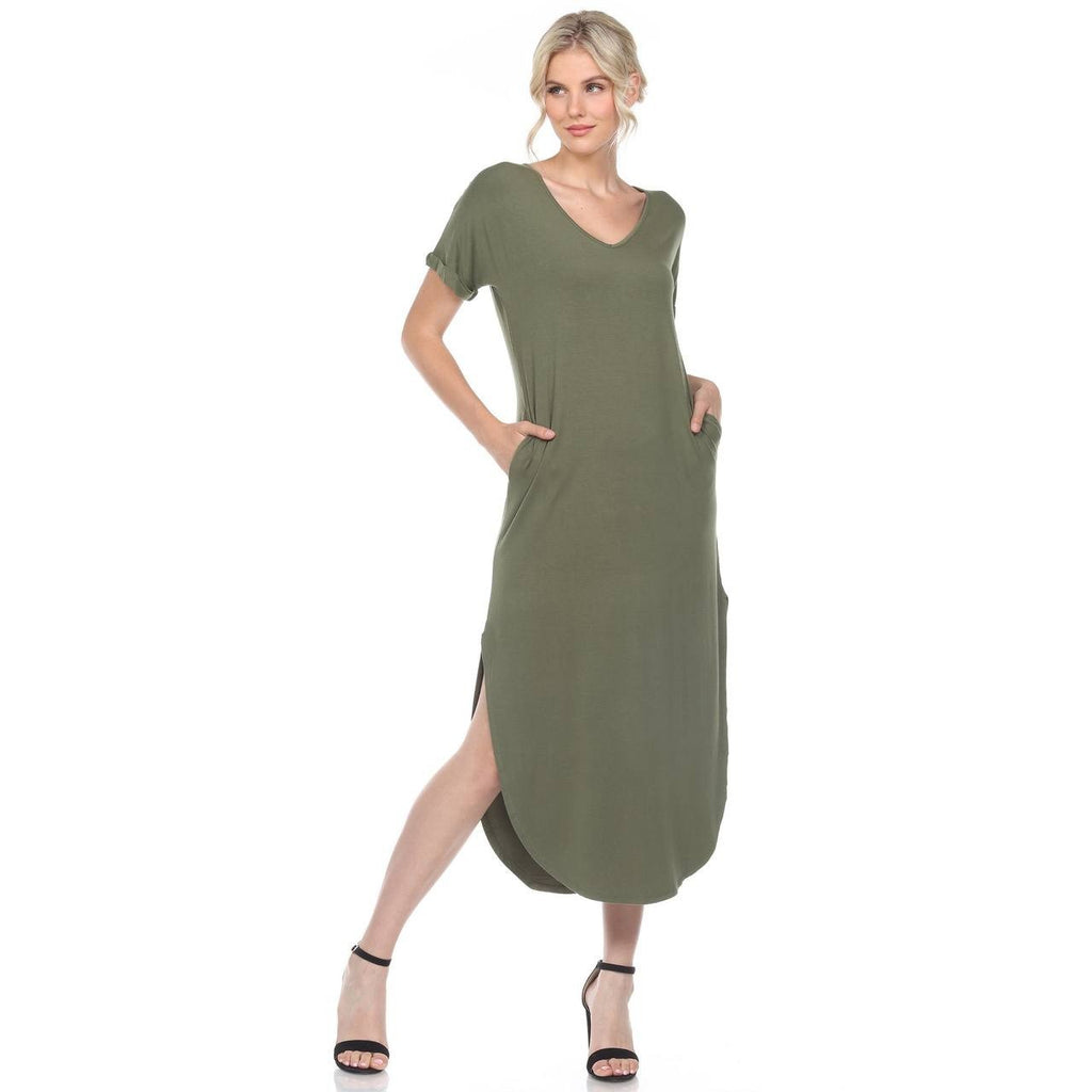 White Mark Women’s Short Sleeve V‑Neck Maxi Dress Olive L NWT $64