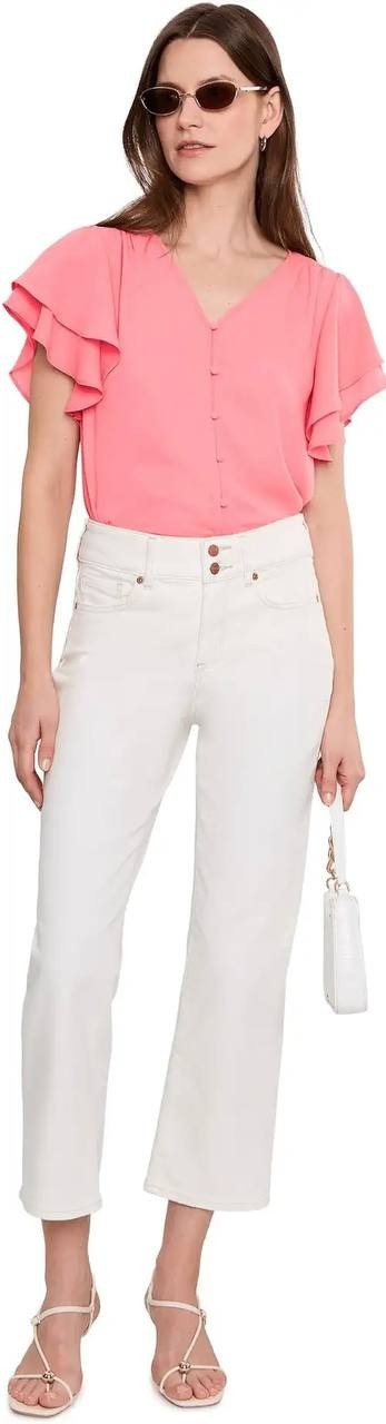 CeCe Women’s Double Flutter Sleeve Shirred Shoulder Top Coral Bloom M NWT $69