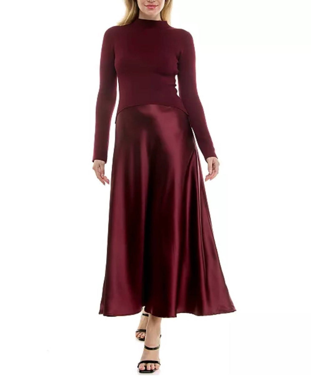 Taylor Satin Twofer A‑Line Sweater Dress Mahogany NWT Size M – Elegant Midi