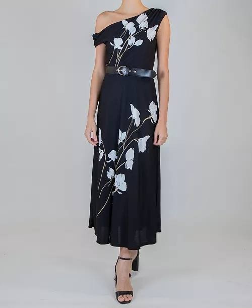 Taylor Women’s Belted Off‑The‑Shoulder Dress Black Floral 6 NWT $138