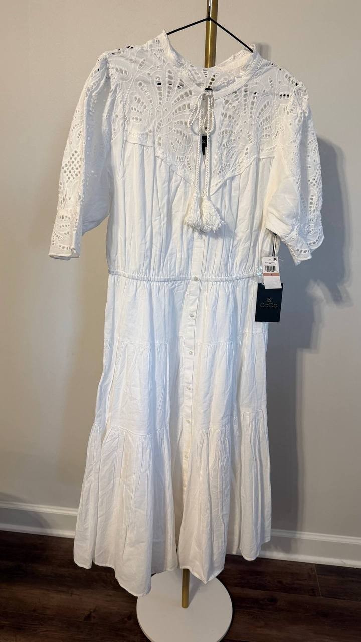 CeCe Women’s Eyelet Trim Midi Dress White 12 $139 NWT
