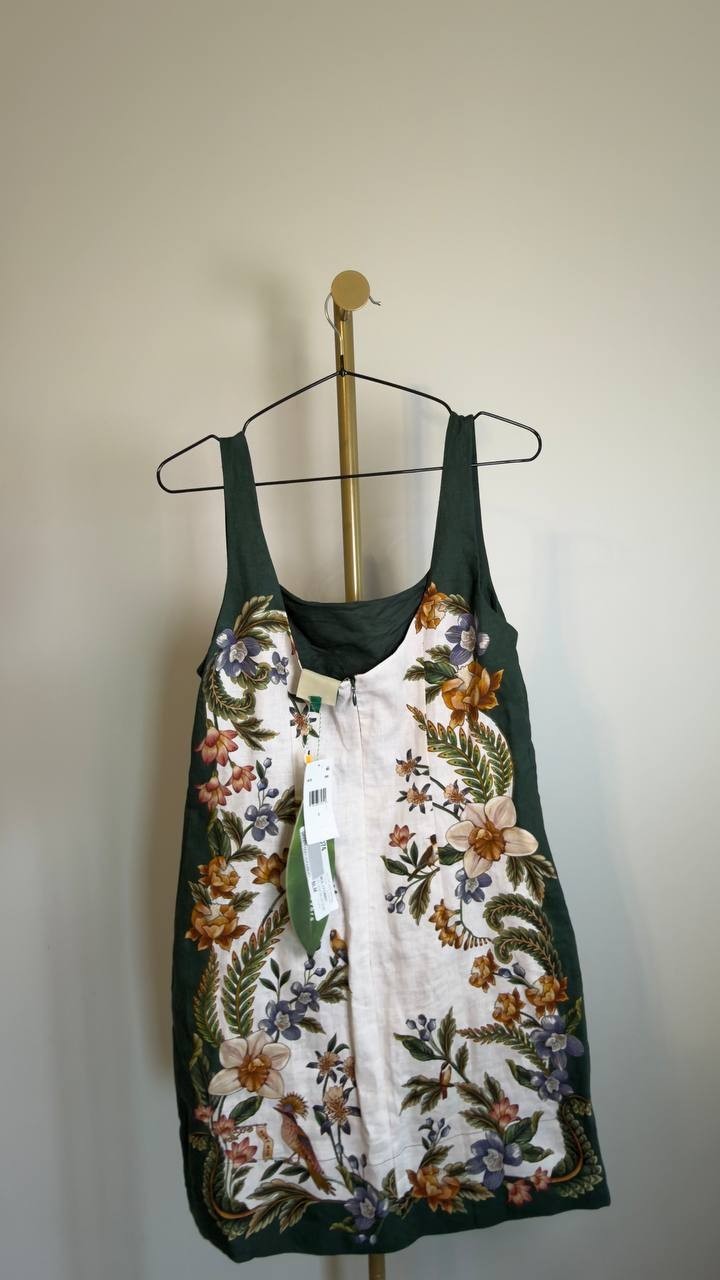 FARM Rio Nature Sand Print Linen Minidress Nature Sand Green S NWT $210