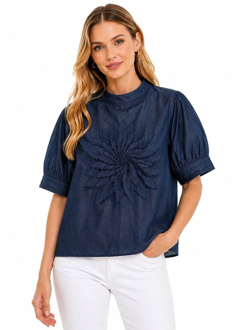 Chicways 3D Appliqué Puff‑Sleeve Denim Top XL Dark Denim NWT $69.99