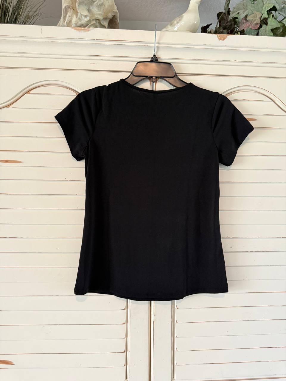 NY Collection Top PS Black Petite Short Sleeve Crepe Knit Scoop Neck Blouse NWT