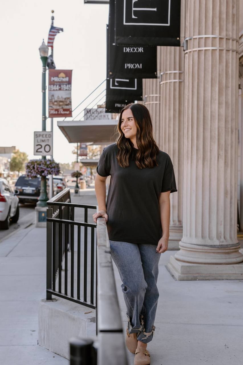 We The Free Nina Tee L Black Boxy Fit Raw Edge Cotton T-Shirt